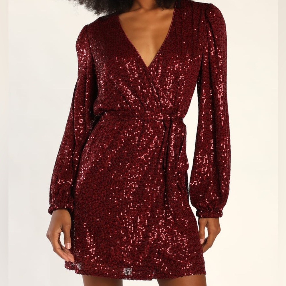 Lulus Sparkly Darling Burgundy Sequin Long Sleeved Wrap Dress